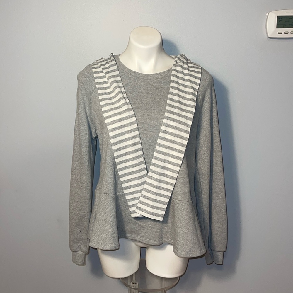 English Factory gray pullover with gray & white striped hoodie. Large.
